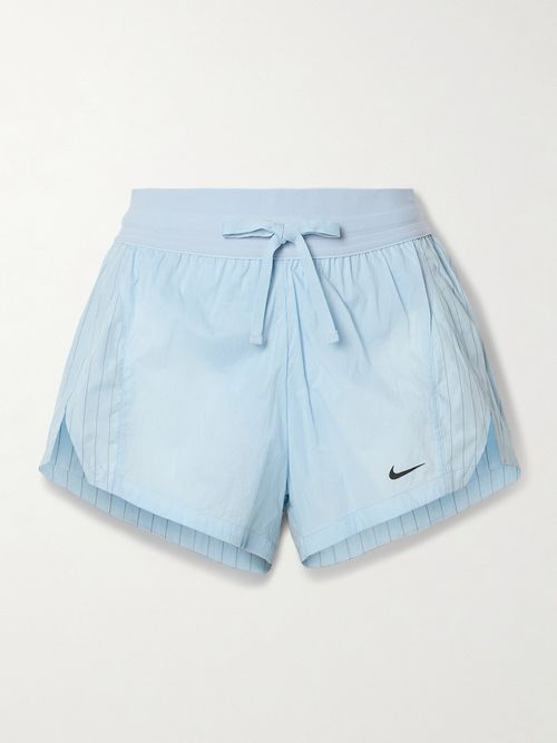 Running Division Pinstriped Paneled Crinkled-shell Shorts - Blue