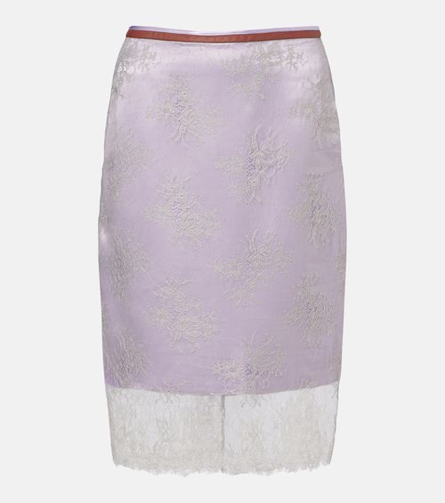 Embroidered leather-trimmed lace midi skirt