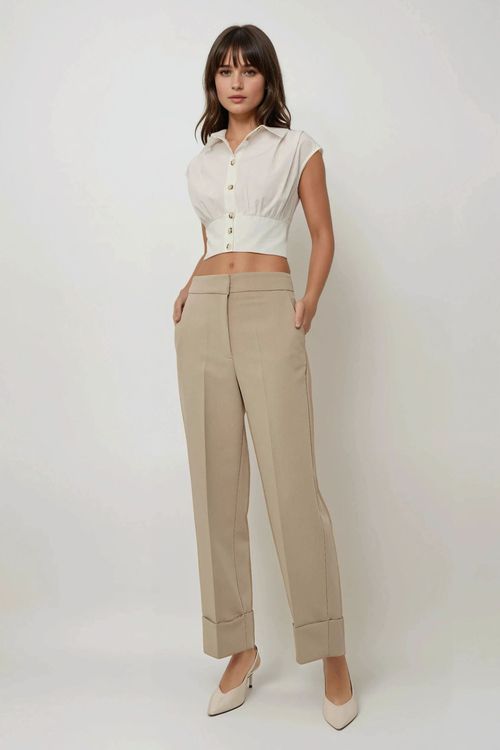 Cream Natural Exclusive Tailored Double Hem Carrot Pants Women