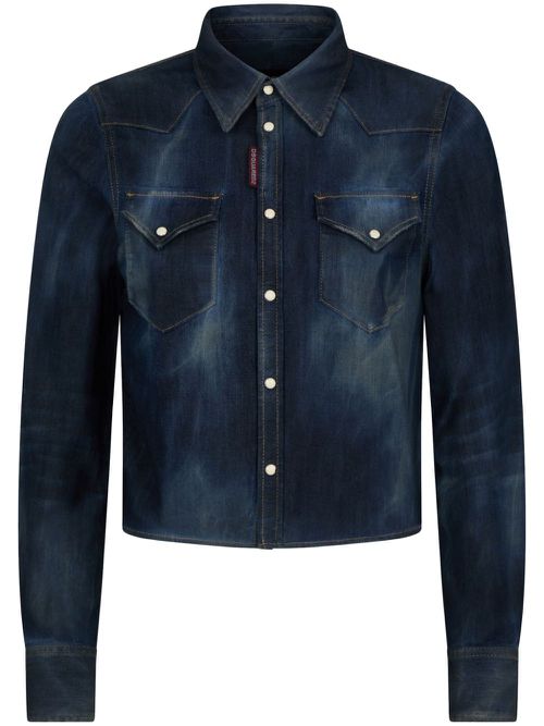 Logo-tag cropped denim shirt - Blue