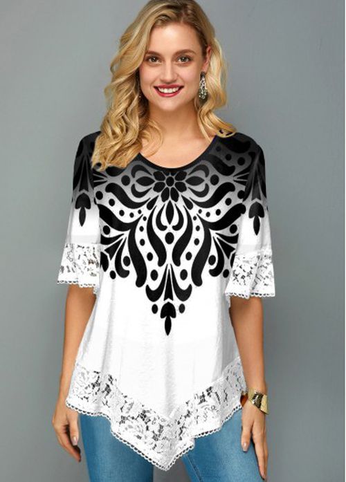 Modlily Asymmetric Hem Lace Trim Printed T Shirt