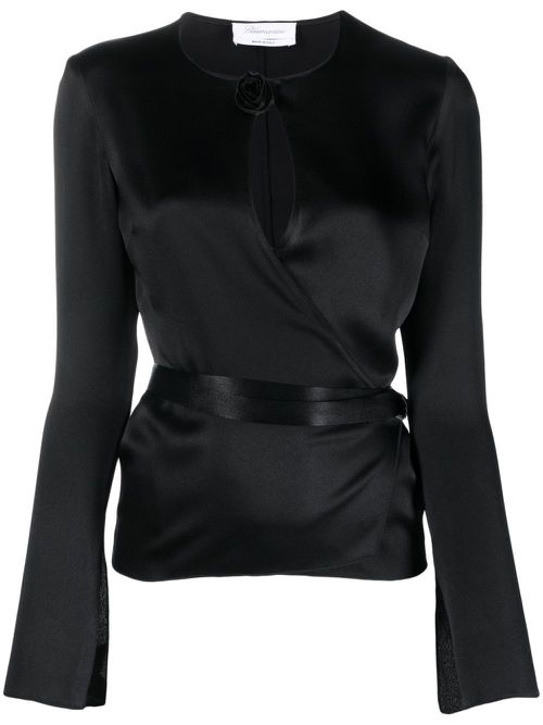 Floral-appliqué wraparound blouse - Black