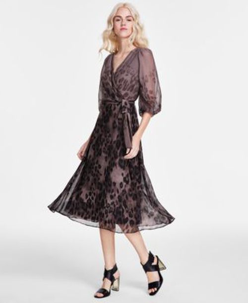 Womens Printed Faux Wrap Balloon Sleeve Dress 0p 16