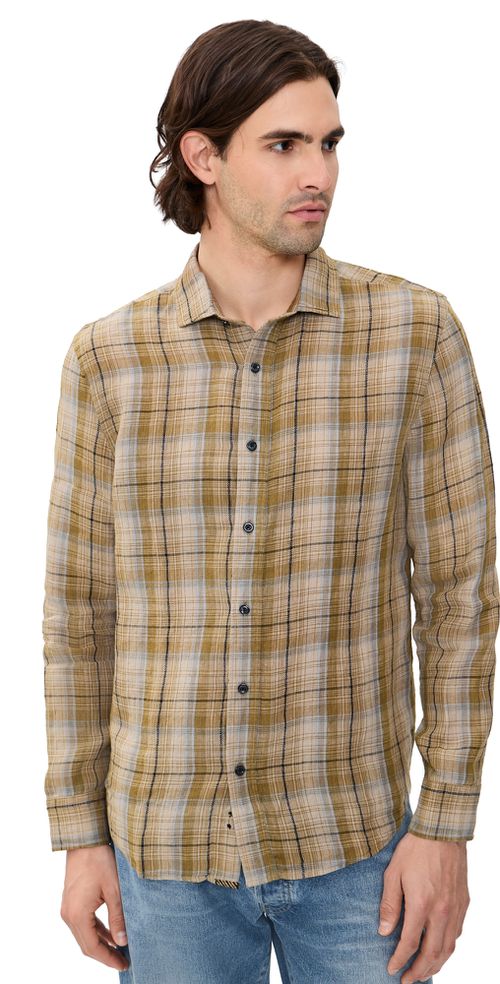 Dobby Plaid Linen Cedar Button Down Shirt Olive