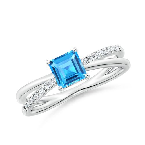 Angara 0.75 Carat Square Swiss Blue Topaz Crossover Shank Ring with Diamonds in Platinum