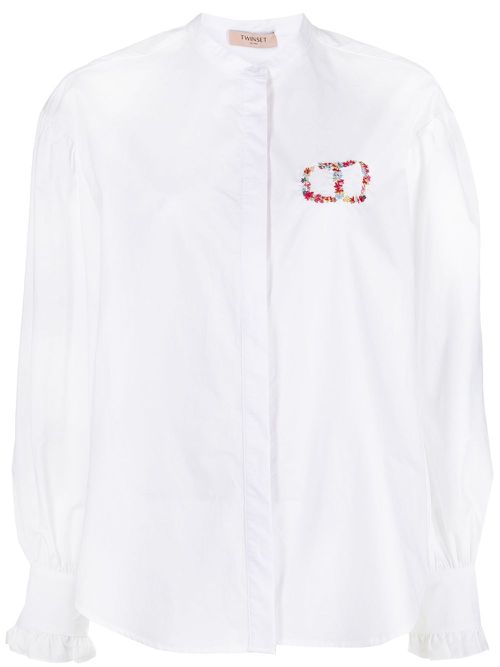 Collarless long-sleeved shirt - White