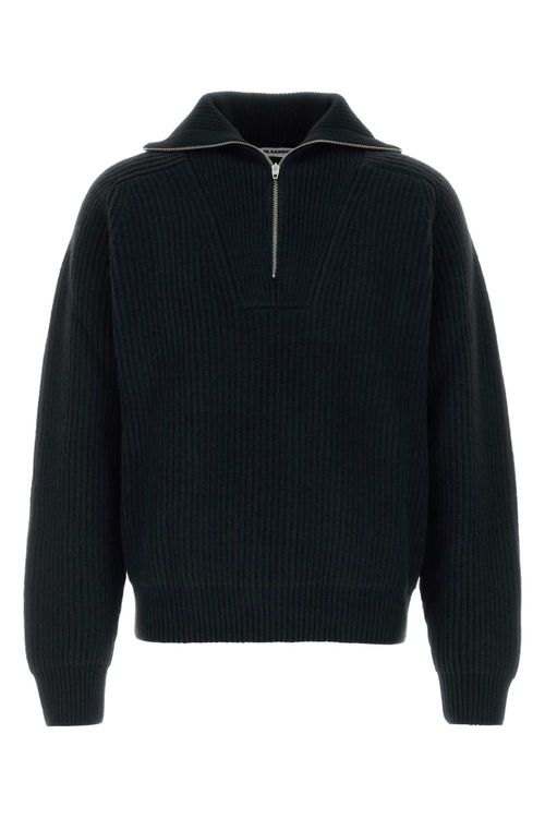 Ribbed Wool Half-Zip Sweater — Black