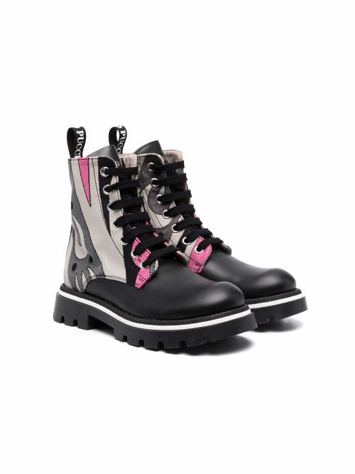Abstract-print leather boots - Black