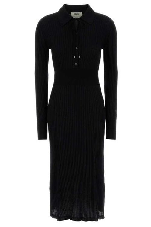 Fendi Ribbed-Knit Long Sleeved Drawstring Midi Dress