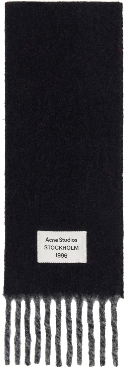 Acne Studios Black & Gray Fringed Logo Label Scarf