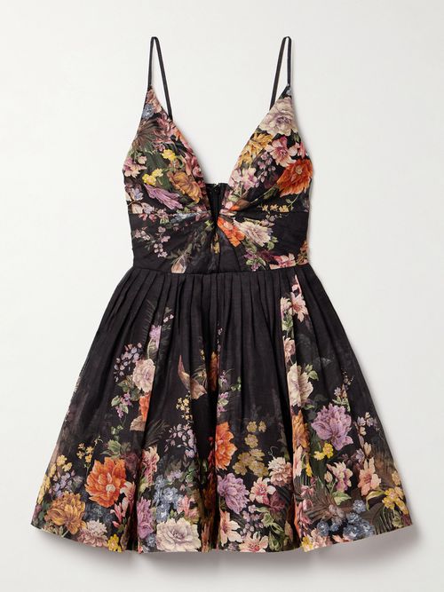Pavilion Pleated Floral-print Linen And Silk-blend Mini Dress