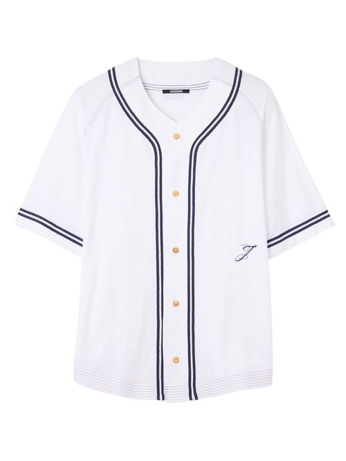 Boxy Fit V-Neck Baseball Shirt with Embroidered Letter J