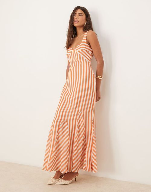 Spliced stripe cami maxi dress with godets in rust stripe-Multi