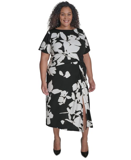 Plus Size Side-Twist Short-Sleeve Midi Dress - Black/Ivory