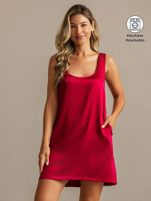 19Momme Washable Silk Sleeveless U Neck Short Nightgown with Side Pocket Design