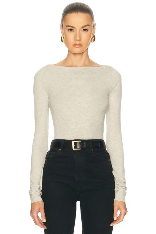 Eterne Long Sleeve Boatneck Top in Heather Oatmeal - Beige. L also in M, S