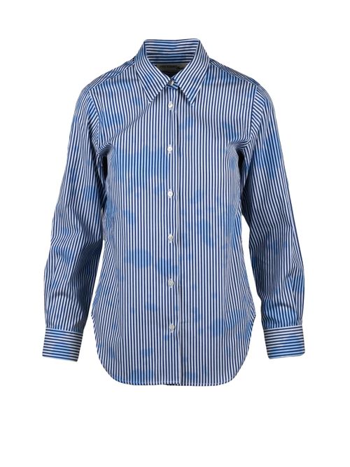 Vertical Stripe Cotton Shirt With Pleat Detail In Blue
