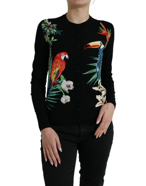 Bird-Embroidered Virgin Wool and Silk Cardigan — Black