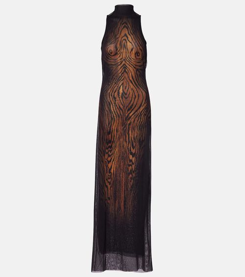 Wood printed mesh maxi dress