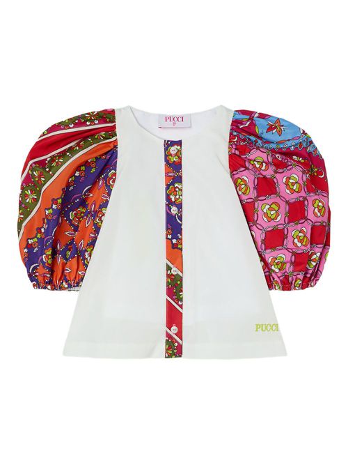 Puff-sleeve Iride-patterned top - White