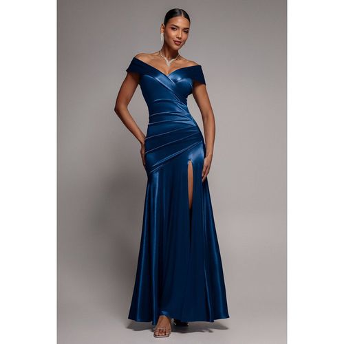 Goddiva Satin Off Shoulder Pleated Maxi Dress - Navy Blue