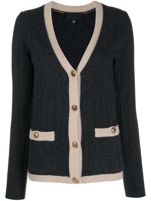 Contrast-border rib knit cardigan - Neutrals