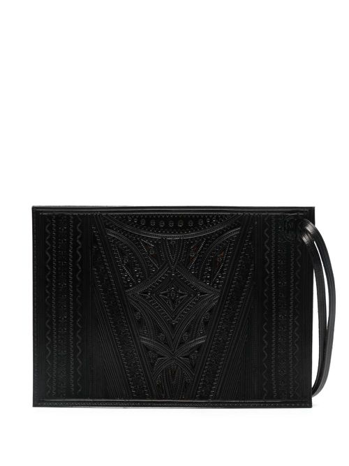 Debossed-finish leather messenger bag - Black