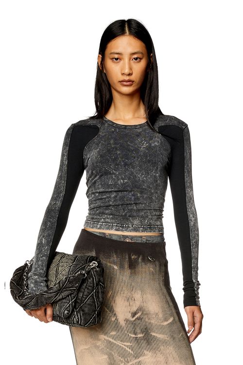 Marbled top with ribbed sleeves - T-Shirts - Woman - Black