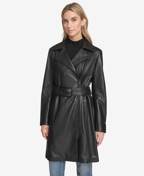 Women's Jacqui Moto Style Leather Trench Coat - Black