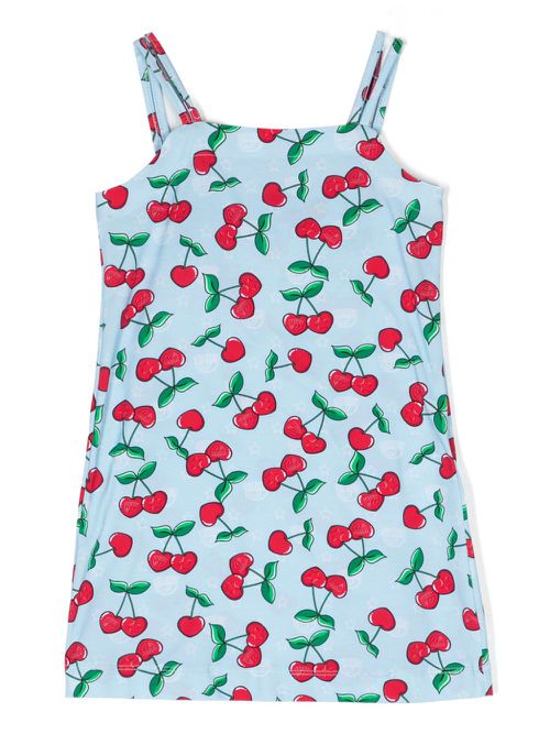 Cherry-print cotton A-line dress - Blue