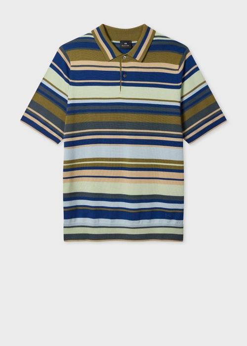 Khaki Multistripe Merino Wool Polo Shirt Green