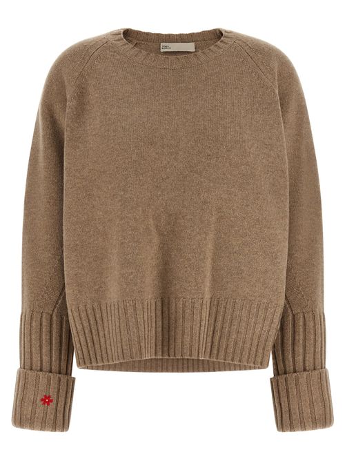 Wool Crew Neck with Floral Embroidery Sweater — Beige