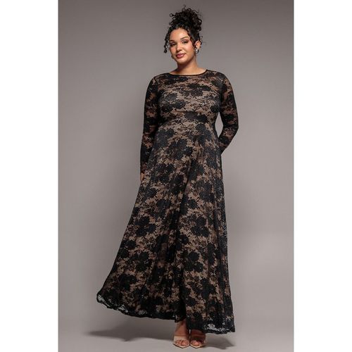 Goddiva Plus Scalloped Lace A-Line Maxi Dress - Black