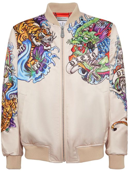 Tattoo-print satin bomber jacket - Neutrals