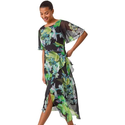 Roman Women's Botanical Floral Frill Dress in Green