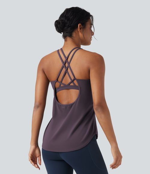 UltraSculpt™ Round Neck Crisscross Back Running Tank Tops DD-F Cups Tank Top - Night's Purple