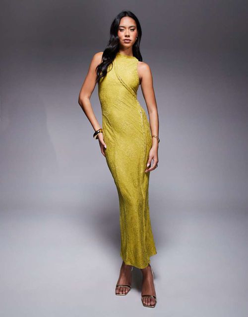 Lace high neck maxi dress in chartreuse-Green