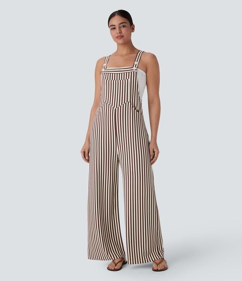 Pockets Stripe Waffle Overalls  - Khaki Brown Horizontal Stripe