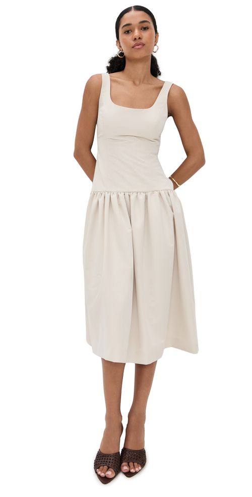 Drop Waist Peplum Midi Dress Beige 