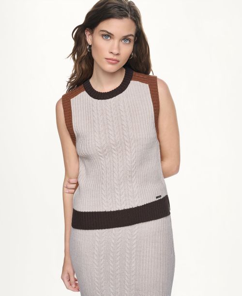 Women's Color Block Cable-Knit Crewneck Sweater - Cortado Heather Comb