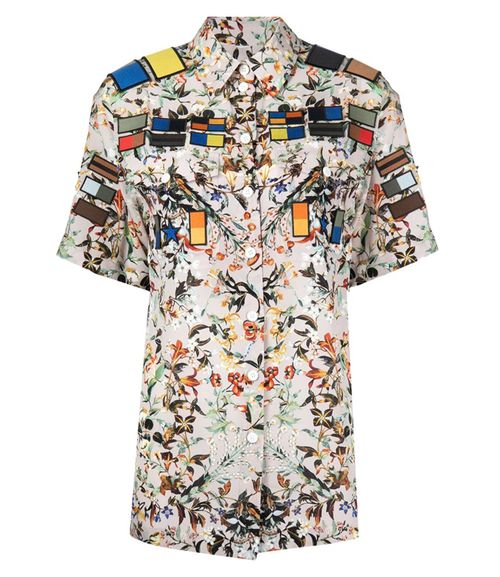 Badge Appliques Iris Floral-Print Silk Crepe De Chine Oversized Shirt