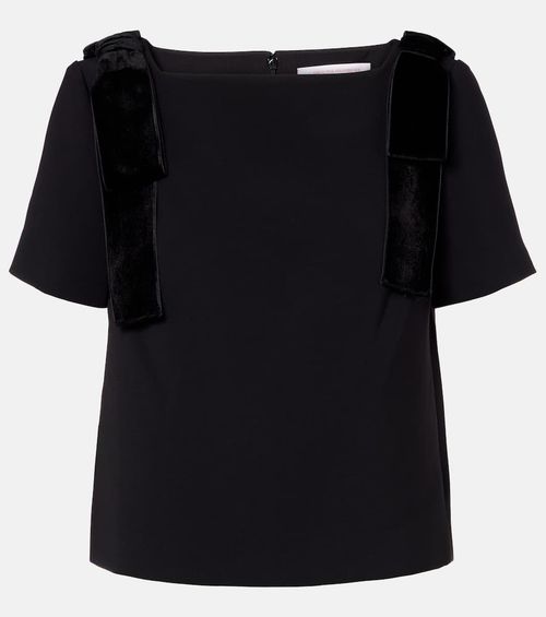 Bow-detail velvet-trimmed crêpe top