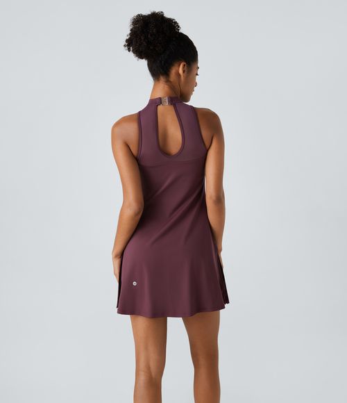 SoftlyZero™ Airy Contrast Mesh Buckle 2-in-1 Pocket Cool Touch Dance Active Dress-Easy Peezy Edition Workout Dress - Fig