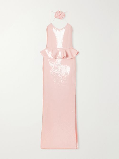Floral-appliquéd Ruffled Sequined Mesh Halterneck Gown