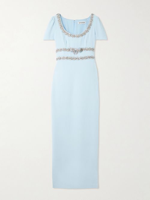 Bow-detailed Crystal-embellished Crepe Maxi Dress - Blue
