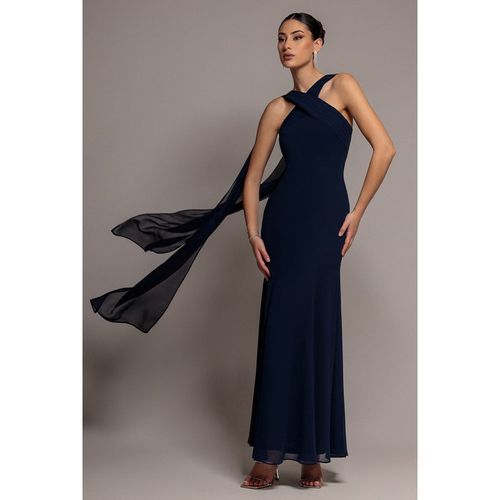 Goddiva Cross Front Scarf Back Chiffon Mermaid Maxi Dress - Navy Blue