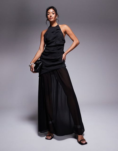 navy blue dress for baby girl ASOS DESIGN draped asymmetric neck maxi dress in black main image 1