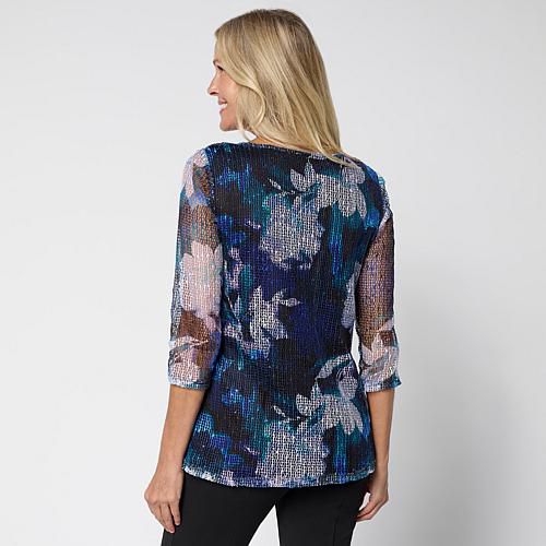 Printed Mesh Knit Sequin Top with Detachable Necklace - Cranberry/Black