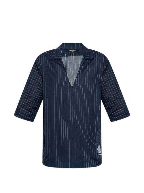 Pinstripe V-Neck Cotton T-Shirt — Navy