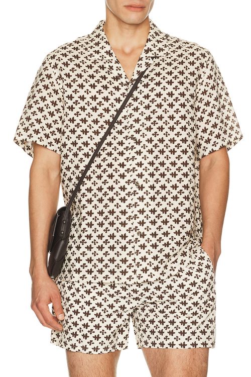 AUTO-REPLY Alex Printed Short Sleeve Linen Shirt in Relic Saltstone - Cream. S also in M, L, XL/1X